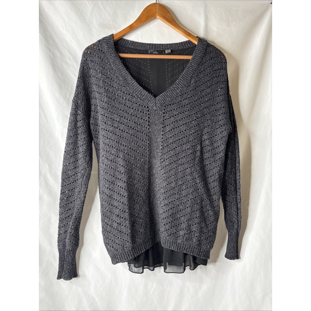 PrAna Ellery Ruffle Sweater S Dark Gray Black Lace Knit Sheer Ruffle Hem Read